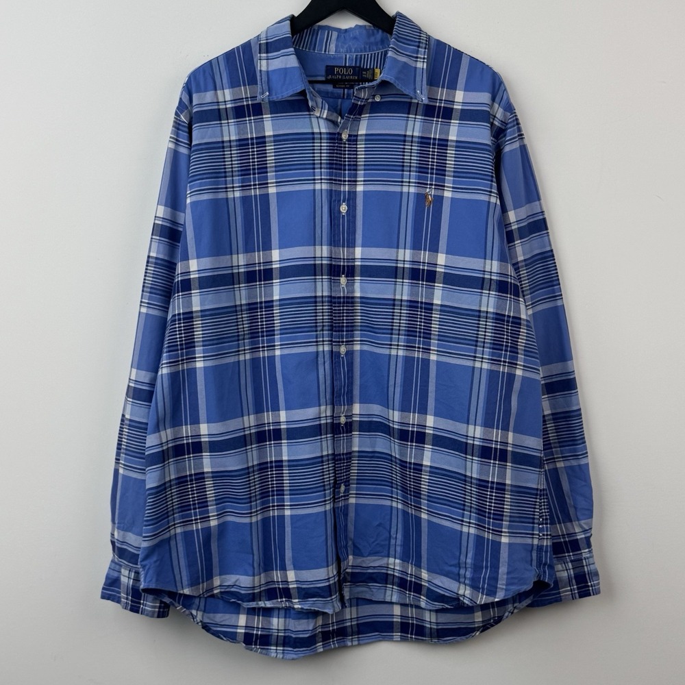 Polo Ralph Lauren Button Down Shirt Mens XXL Blue Plaid Check Casual Long Sleeve